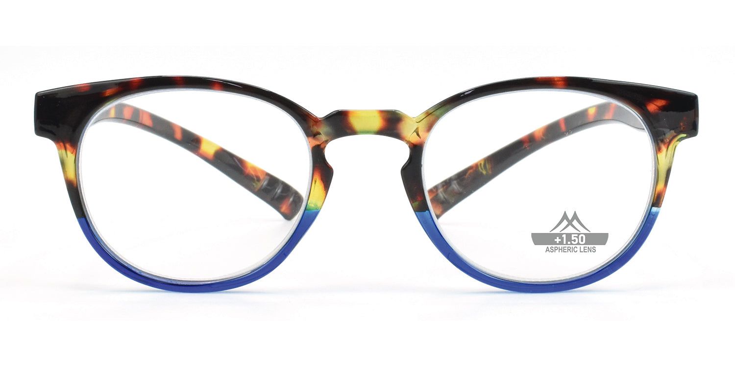 Bril met ronde montuur, blauwe rand en schildpadmotief. Montana Eyewear logo en sterkte +1.50 op het glas.