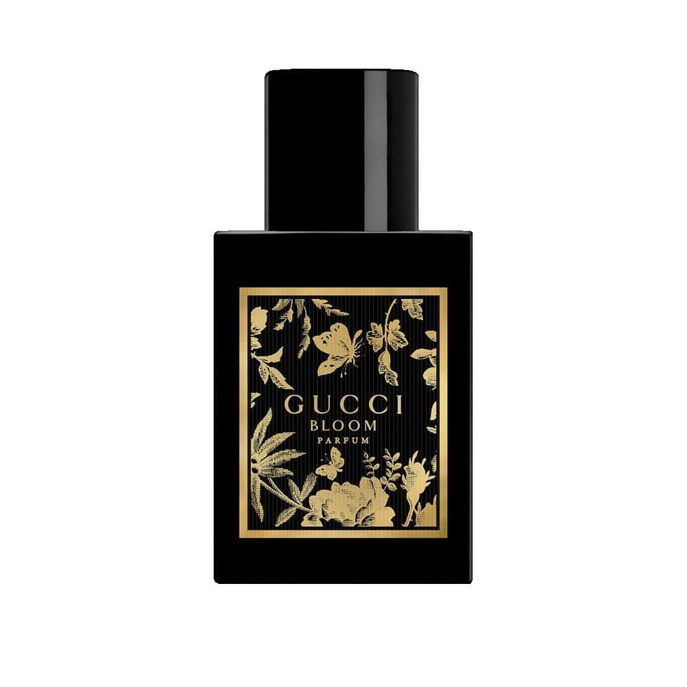 Zwarte flacon met gouden etiket. Opschrift: Gucci Bloom Parfum. Vierkante vorm met zwarte dop.