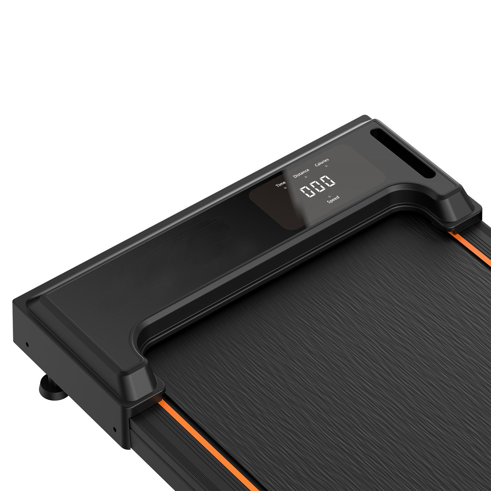 Close-up van het LED-display van een zwart loopband met de weergave '000'.