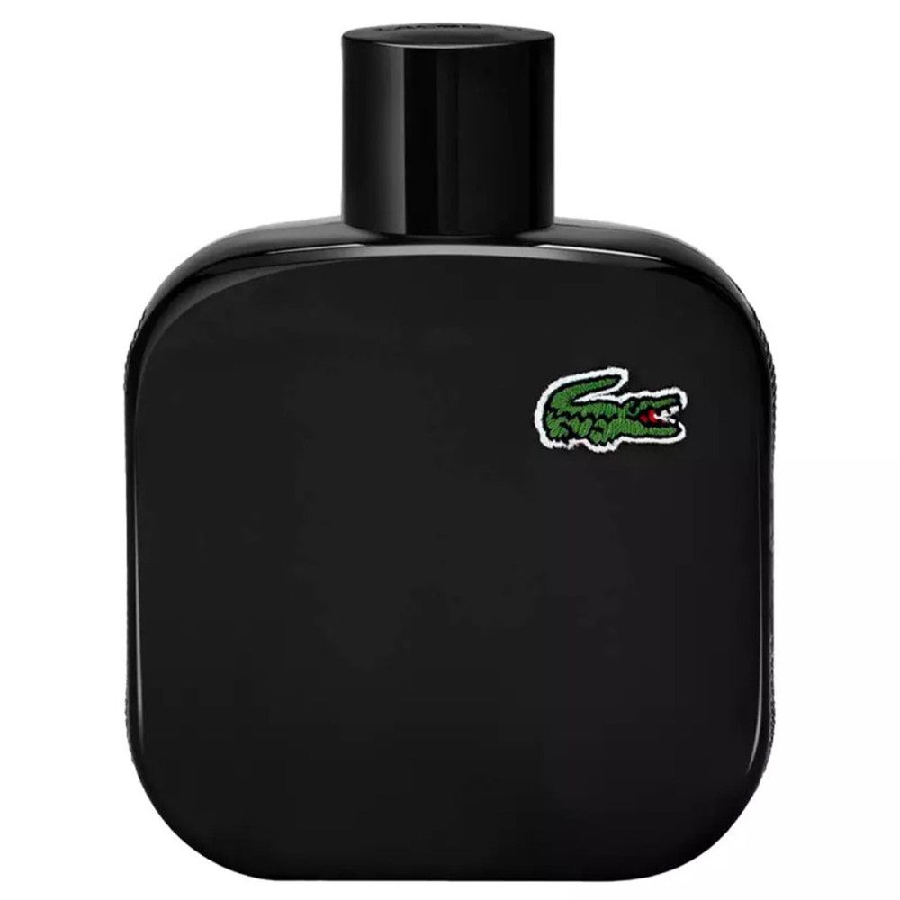 Flacon noir avec bouchon noir. Logo crocodile vert sur le flacon. Le flacon a une forme arrondie.