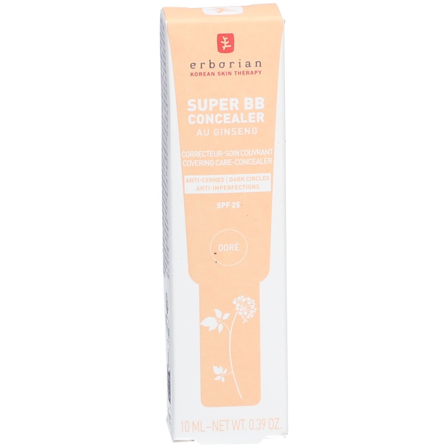 Emballage du correcteur. Inscription: SUPER BB CONCEALER, AU GINSENG. Teinte: DORE. Marque: Erborian. Volume: 10 ml.