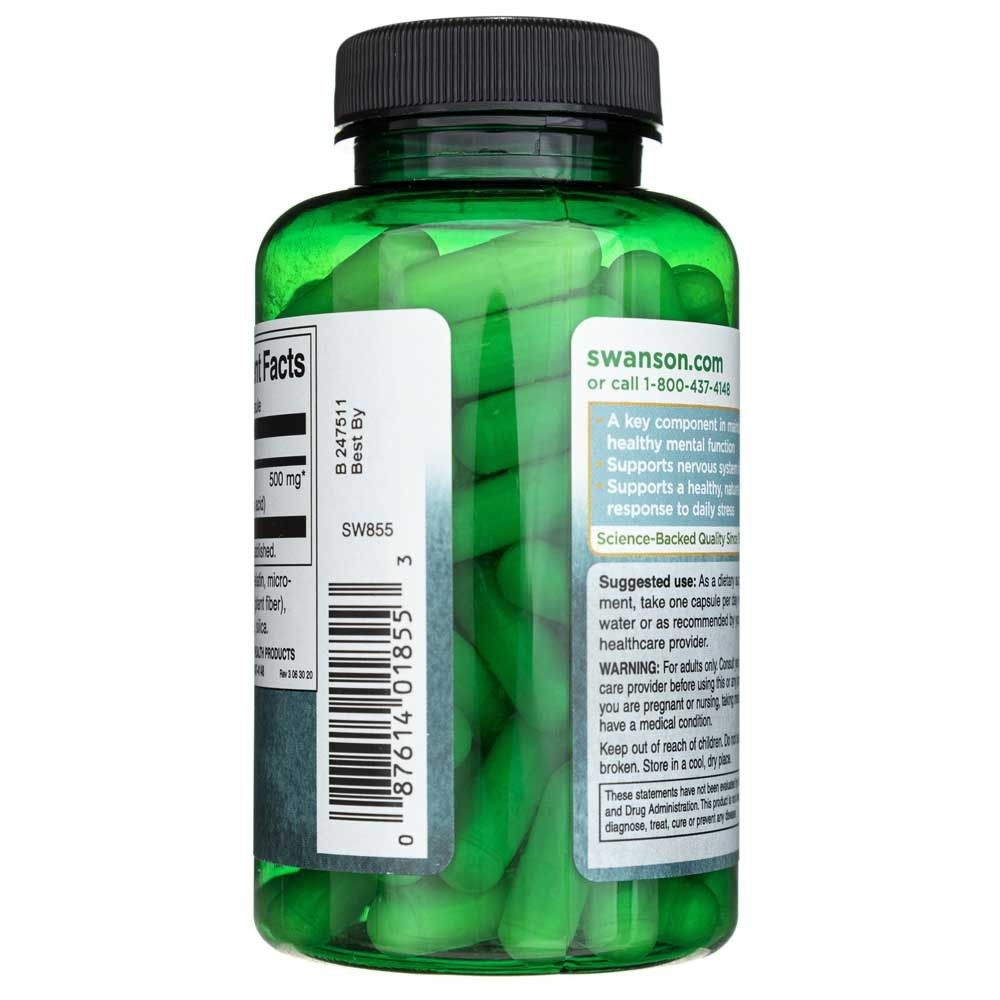 Transparante groene fles met L-Tyrosine capsules, etiket met gebruiksinstructies.
