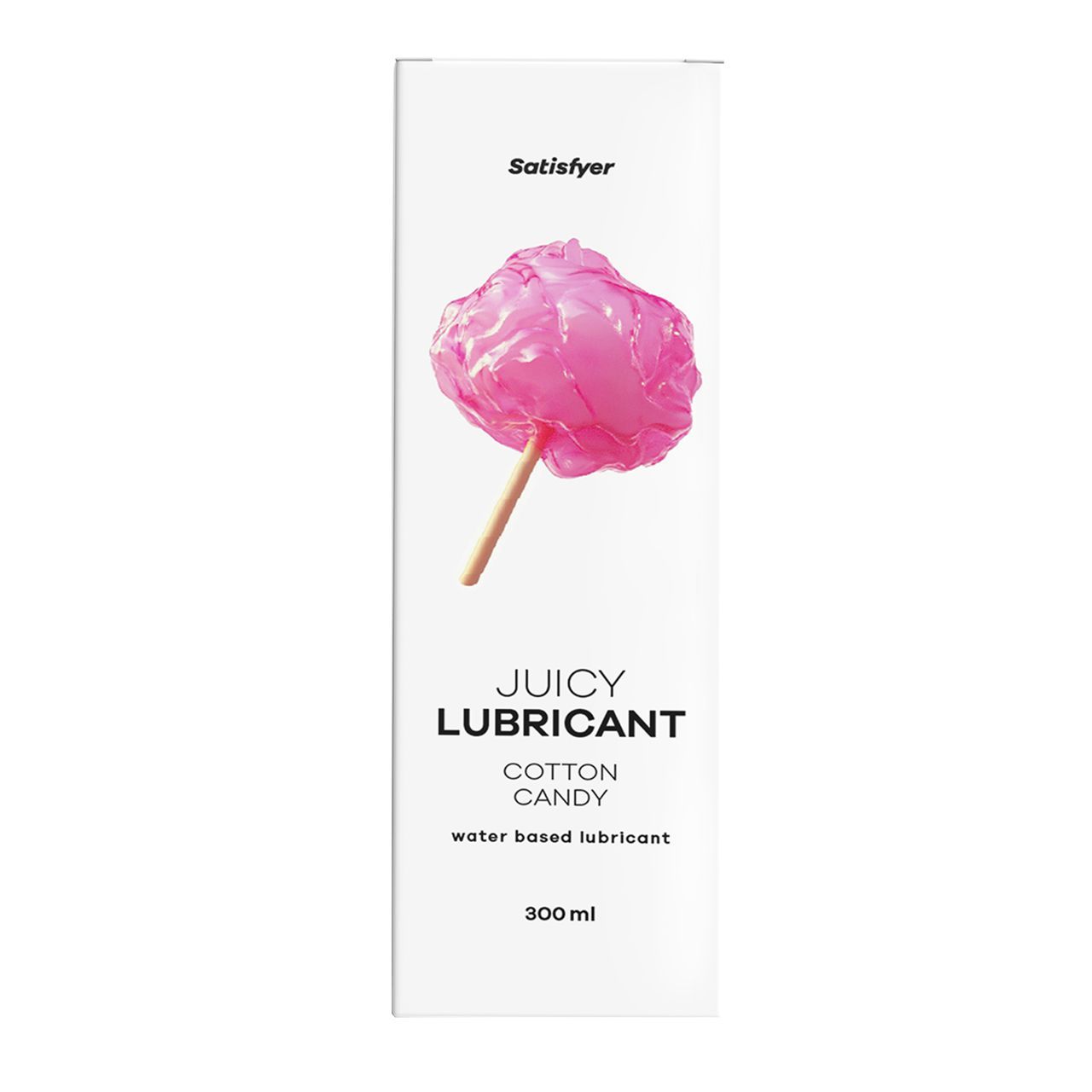 Satisfyer Juicy Lubricant Cotton Candy: Waterbasis glijmiddel, 300ml, met afbeelding van suikerspin.