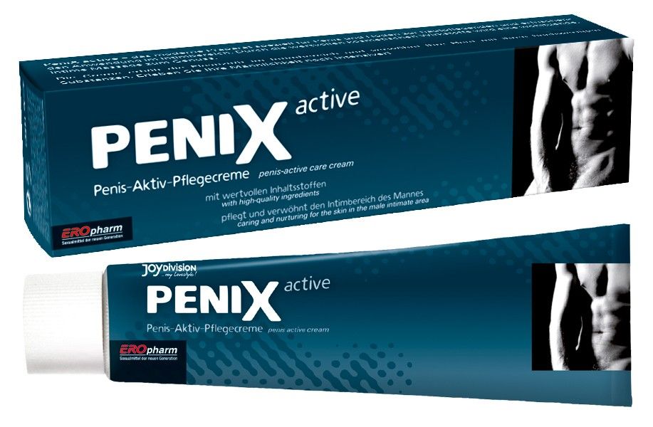 Verpakking Penix Active Penis-Active verzorgende crème met afbeelding van een man.