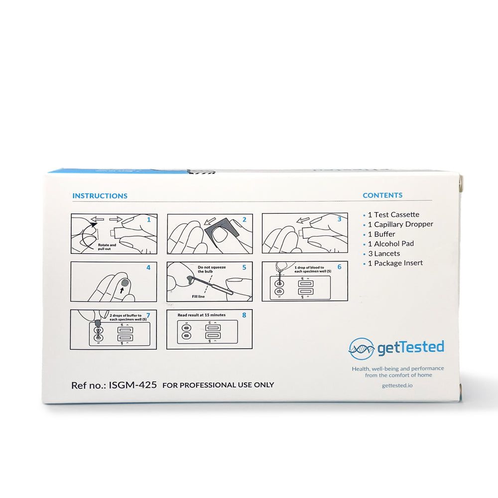 Achterkant van de GetTested Herpes testverpakking. Toont instructies en inhoud: testcassette, druppelaar, buffer, alcoholdoekje, lancetten, bijsluiter.