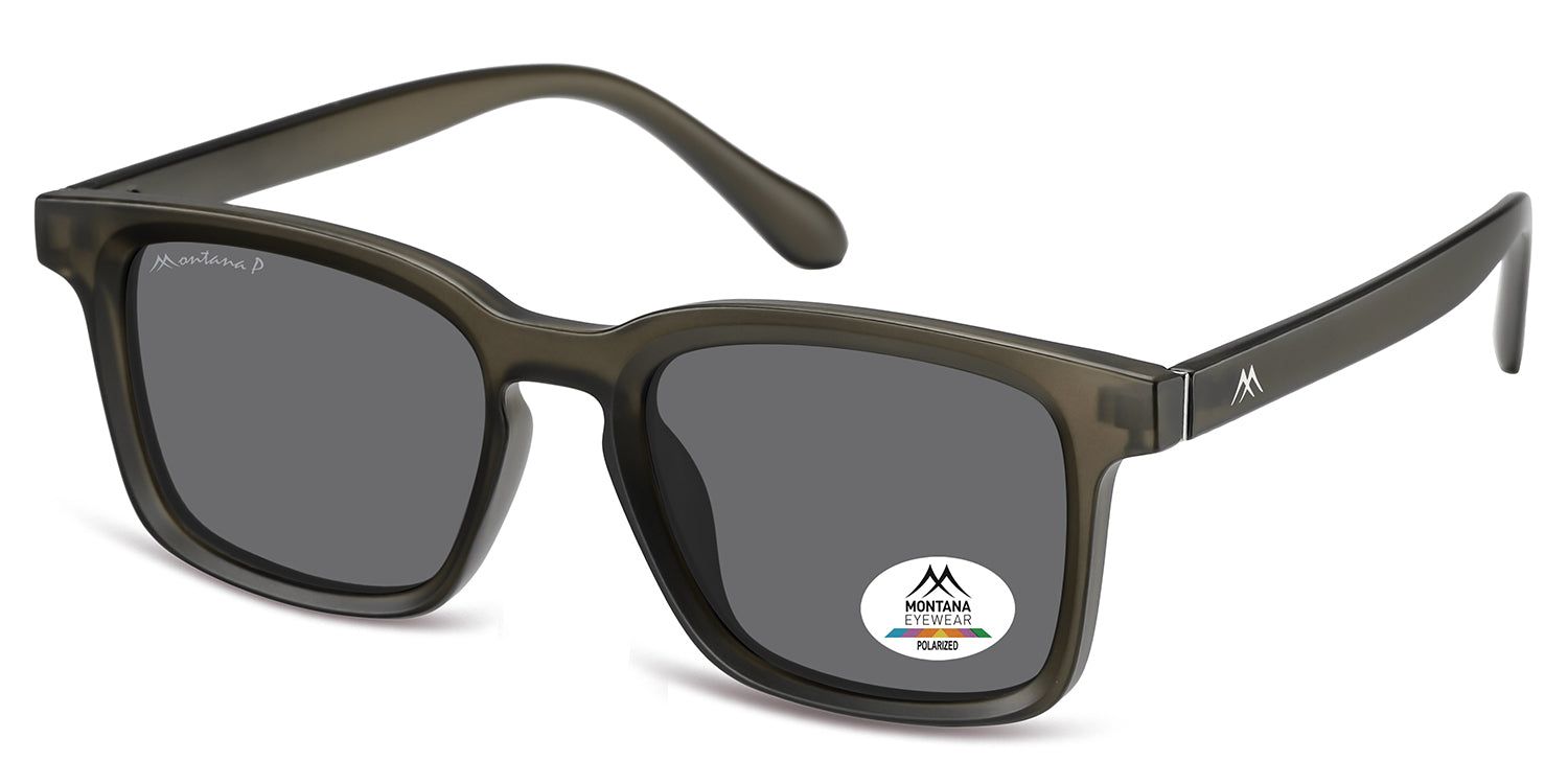 Lunettes de soleil carrées, monture grise. Logo Montana Eyewear sur la branche et le verre. Verres polarisés.