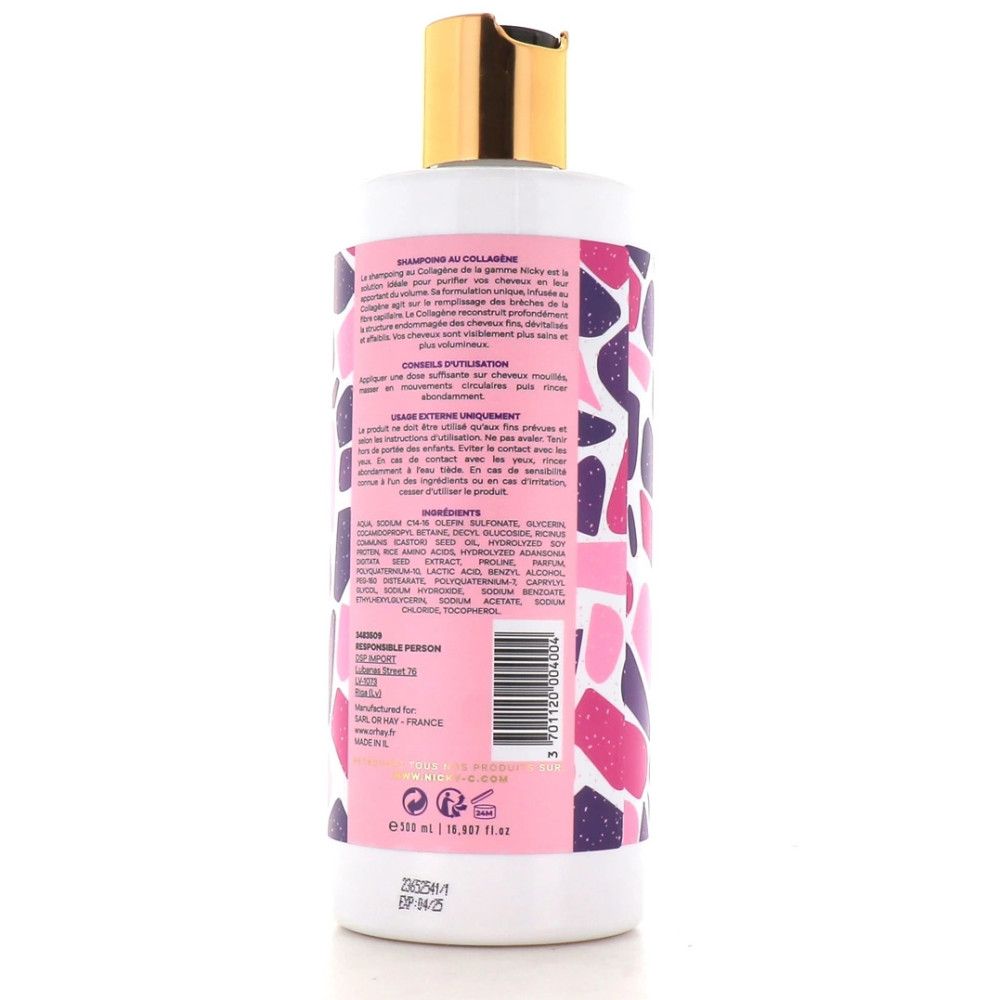 Achterkant van de Nicky Paris shampoo fles. Roze etiket met tekst, ingrediënten en barcode.