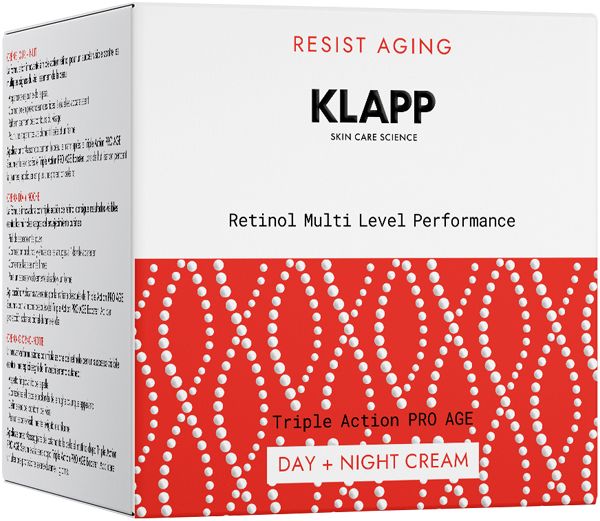 Verpakking van Klapp Resist Aging crème. Witte doos met rood patroon en productinformatie. Merknaam en productaanduiding duidelijk zichtbaar.