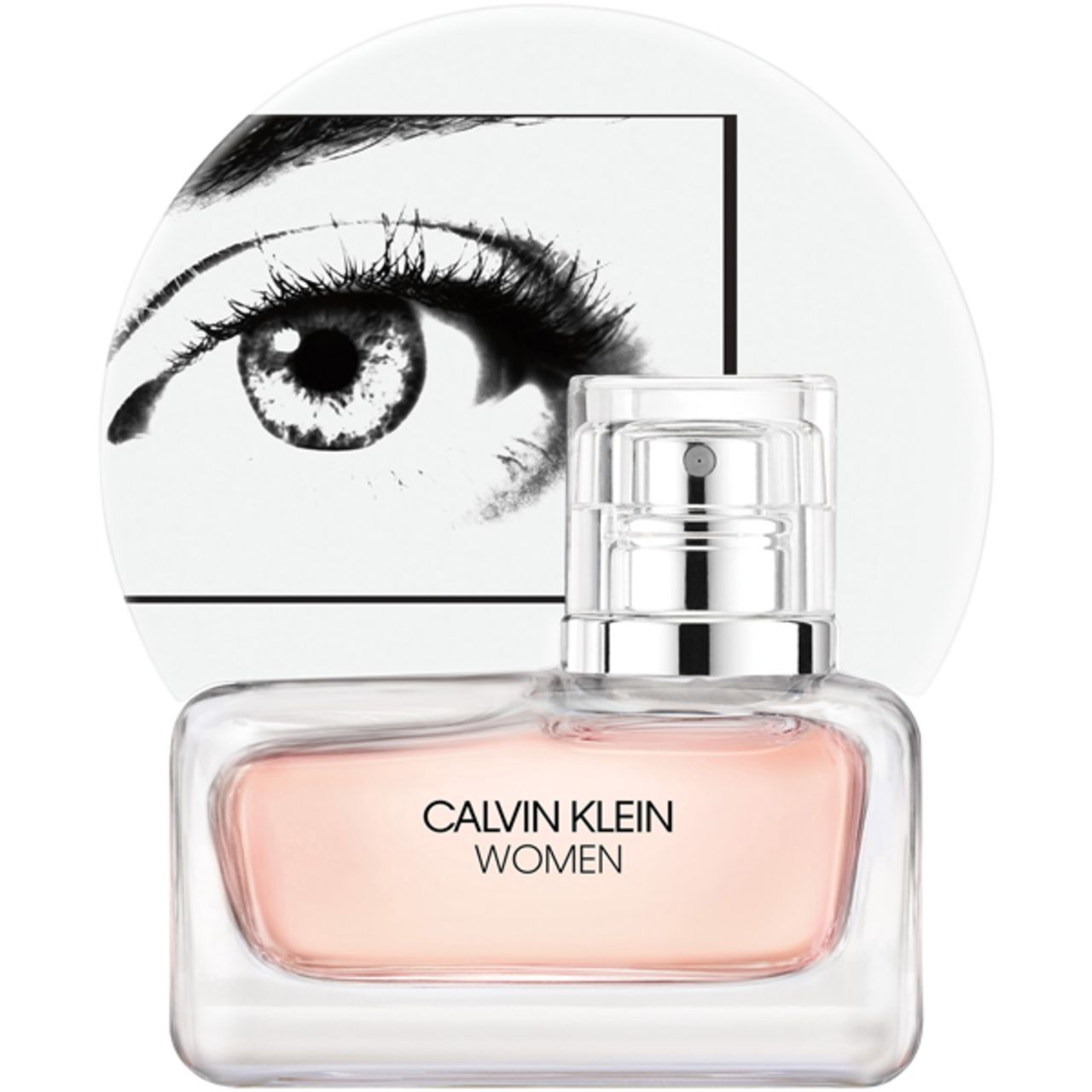 Flacon de parfum rose, bouchon argenté. Inscription: CALVIN KLEIN WOMEN. Fond: Graphique d'un œil.