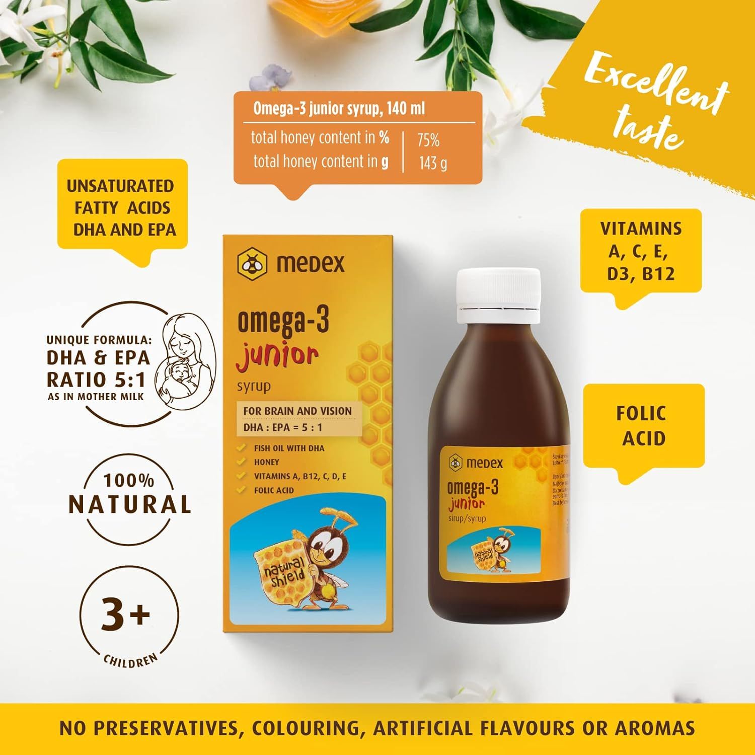 Emballage et bouteille du produit. Inscription : Omega-3 Junior sirop. Contient du miel, des vitamines et du DHA. 100% naturel.