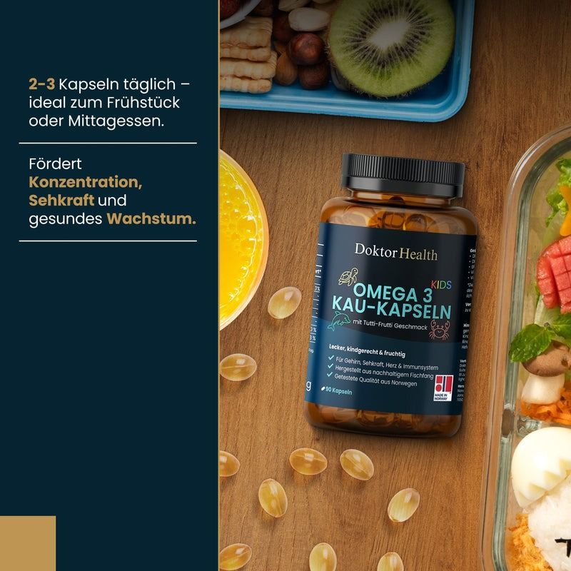 Bruine fles Omega-3 kauwcapsules op tafel. Capsules verspreid. Tekst: 2-3 capsules per dag. Bevordert concentratie, zicht en groei.