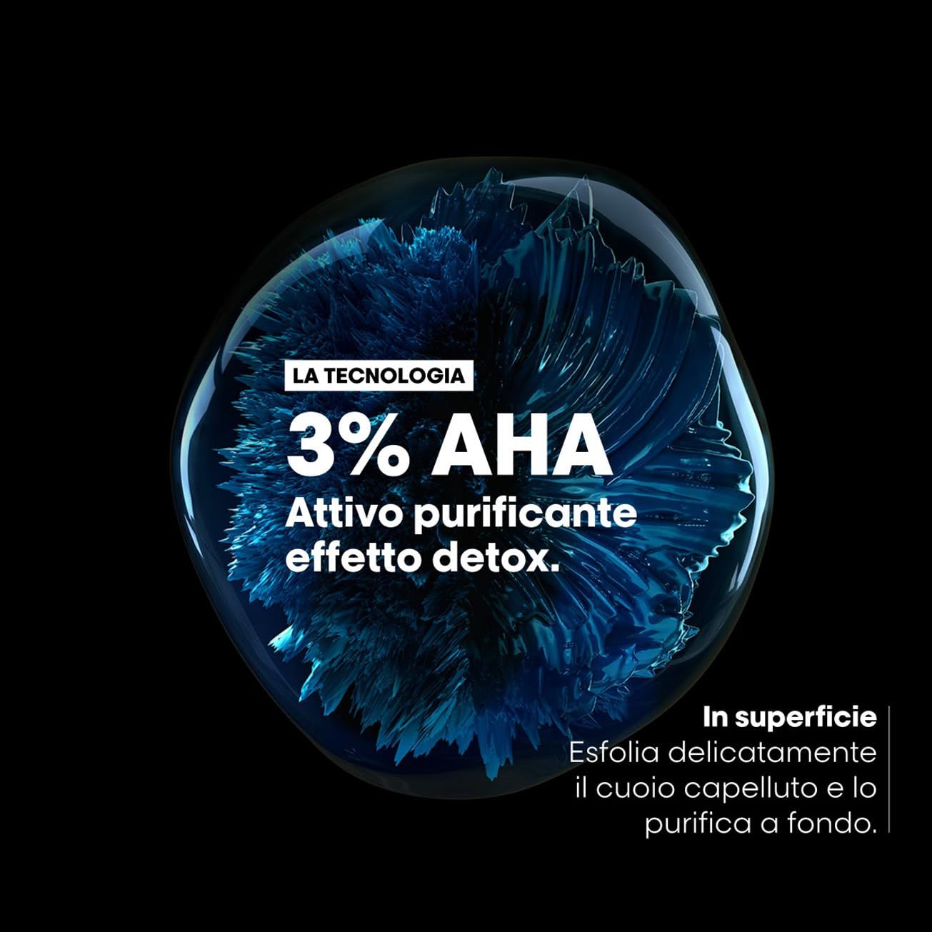 Représentation abstraite de 3% AHA. Texte : Attivo purificante effetto detox. In superficie esfolia delicatamente il cuoio capelluto e lo purifica a fondo!