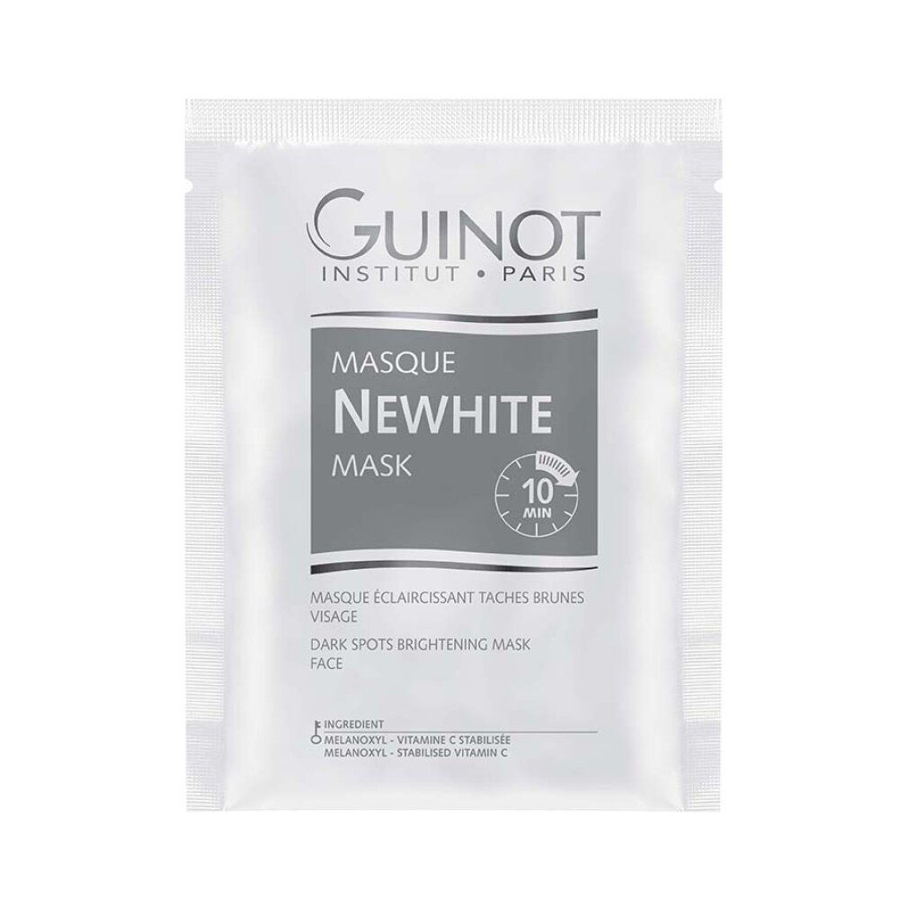 Sachet individuel Guinot Newhite Mask. Inscription: Newhite, Masque, 10 Min. Marque: Guinot. Description: Masque Éclaircissant Taches Brunes, Face.
