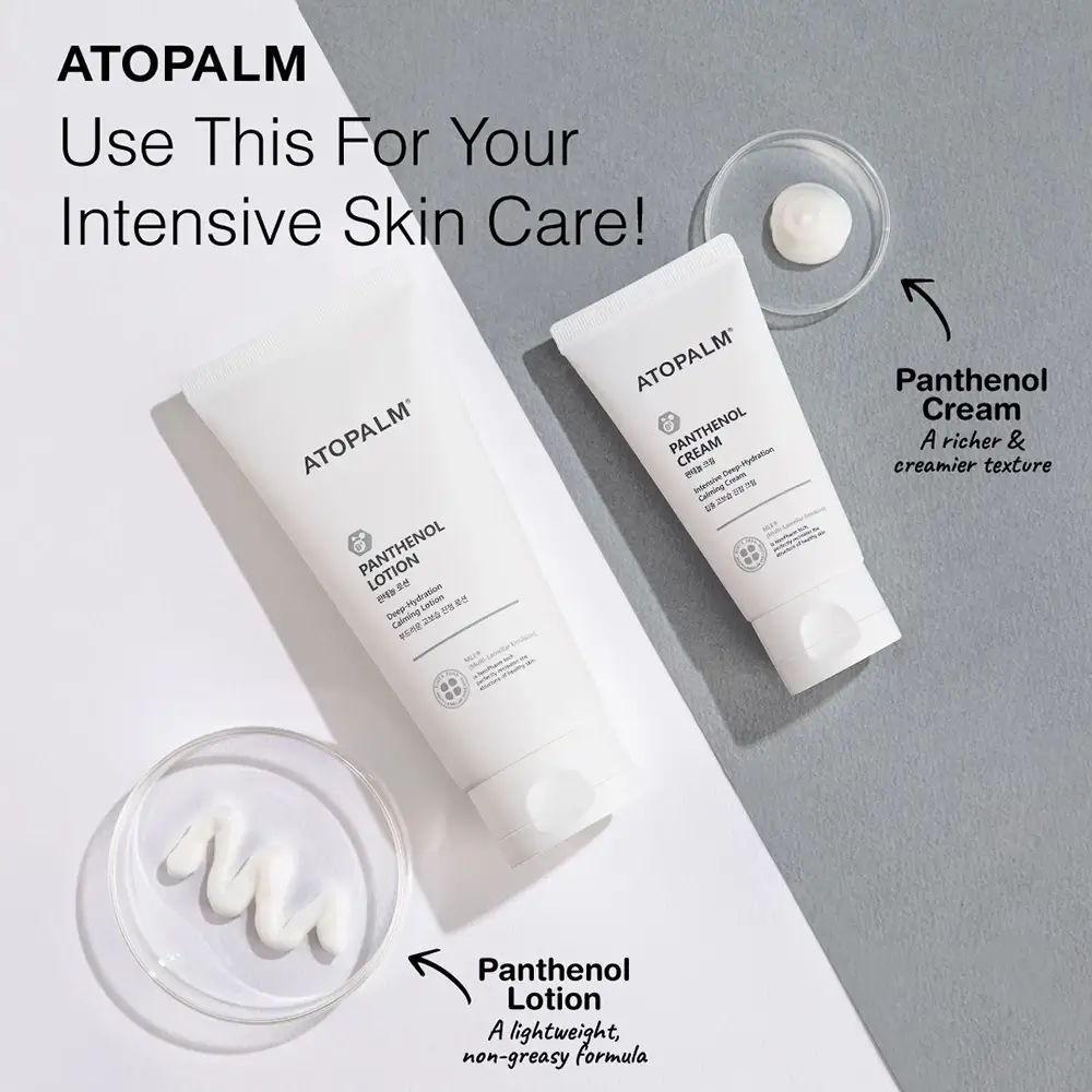 Deux tubes : PANTENOL LOTION et CREAM. Texte : formule légère, non grasse. Texture crémeuse. Sur plateaux.