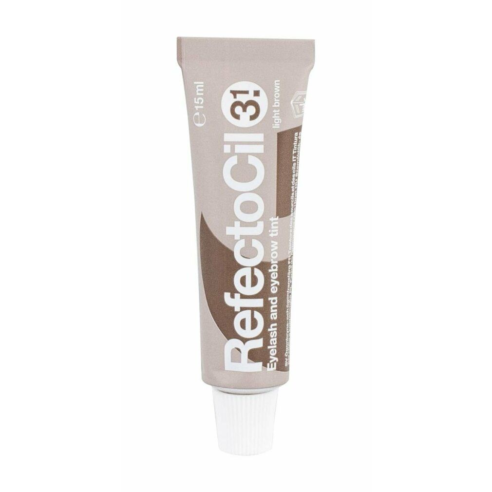 Tube Refectocil 3.1, wenkbrauw- en wimperverf, lichtbruin. Beige tube met bruine tekst. Witte schroefdop.