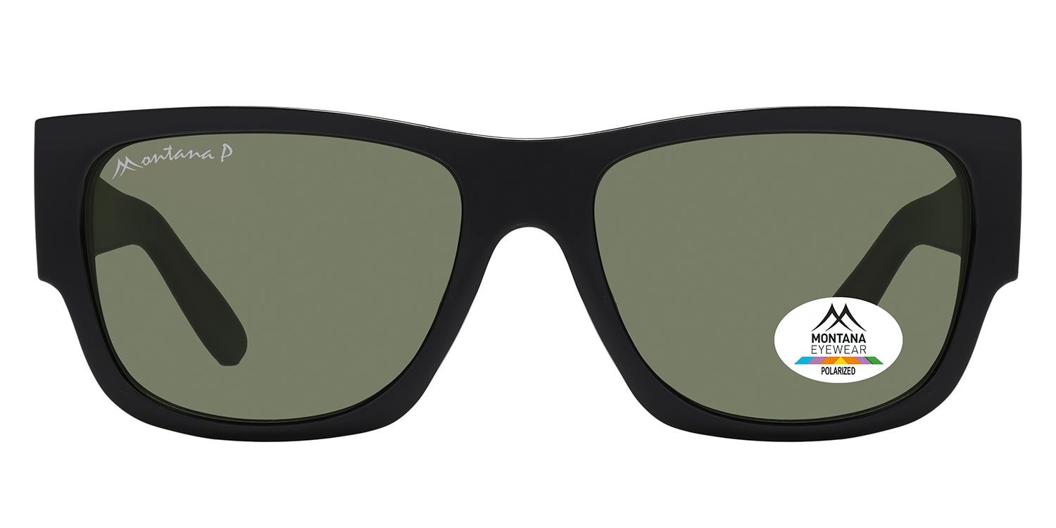 Lunettes de soleil noires avec verres verts. Logo Montana Eyewear et sceau polarisé. Forme rectangulaire.