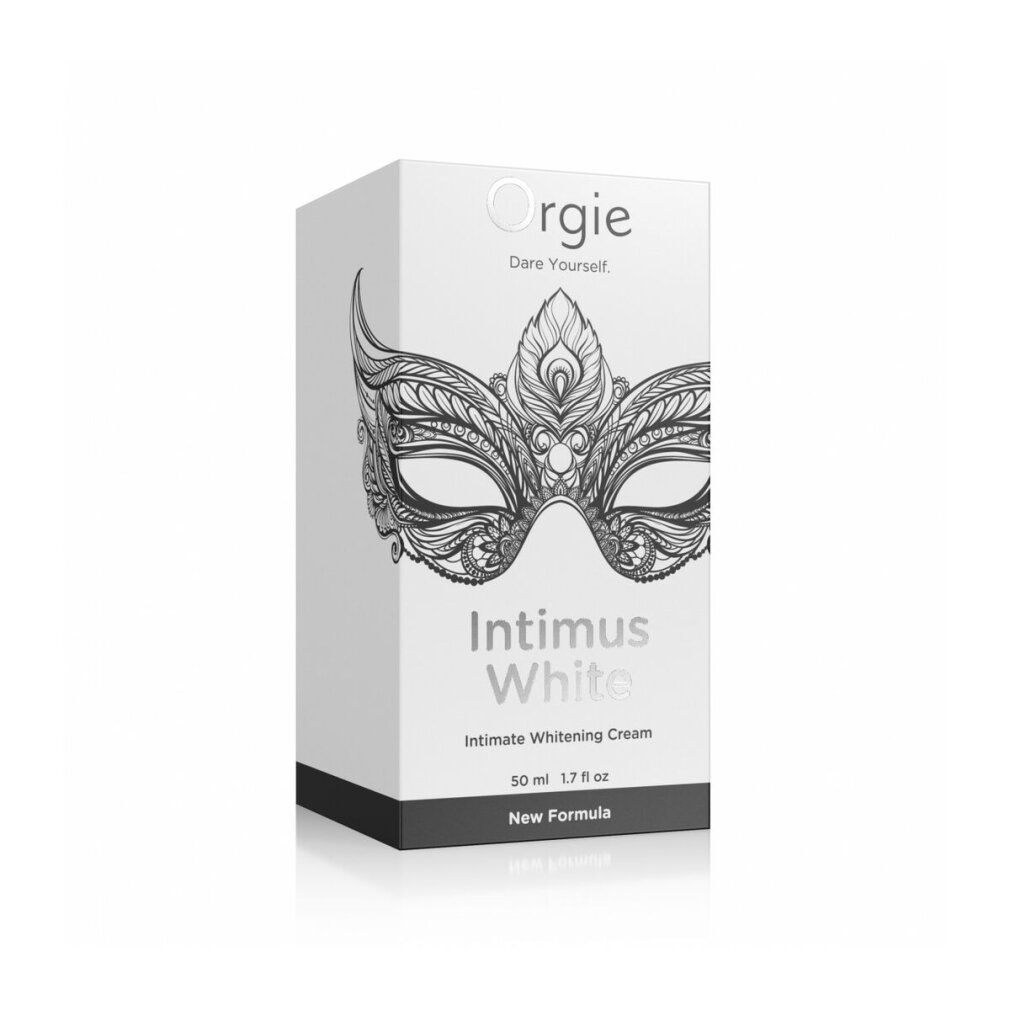 Witte verpakking met zwarte basis. Opschrift: Orgie, Intimus White, Intimate Whitening Cream. 50 ml. New Formula.