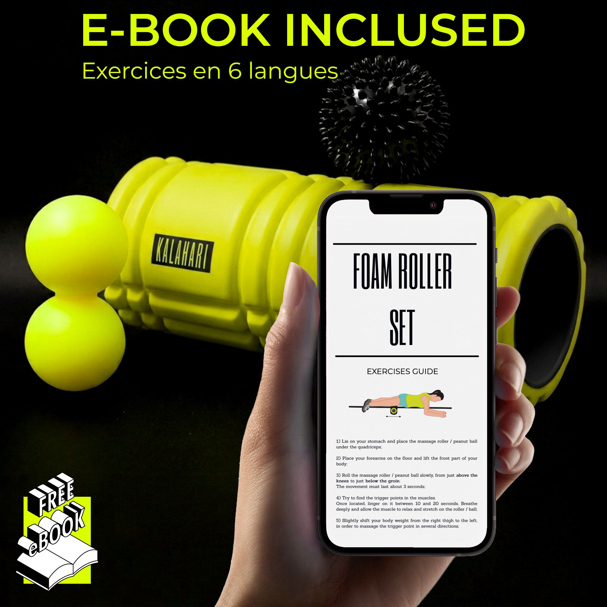 Rouleau de fascia jaune, balle double, balle à picots et smartphone avec guide d'exercices.