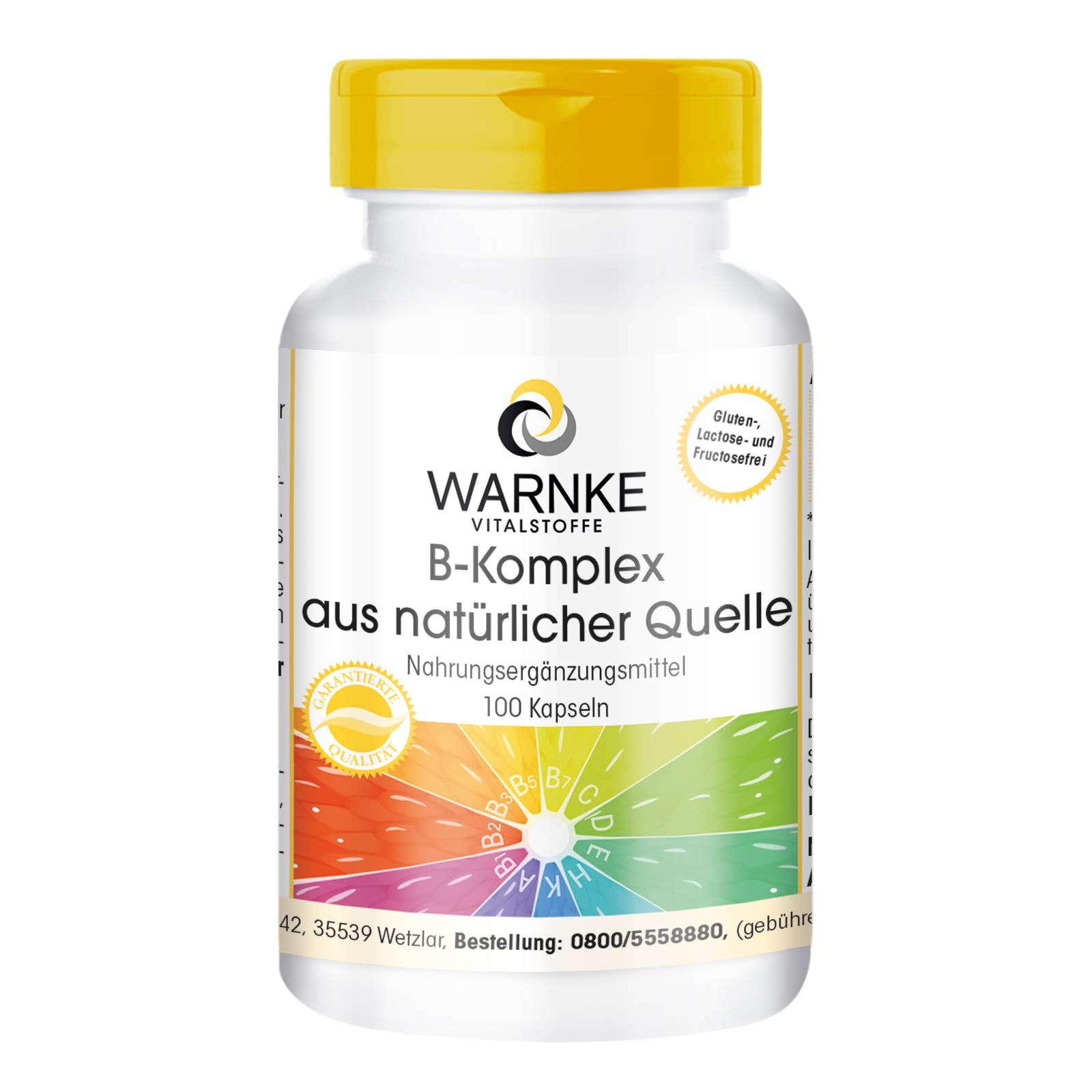Witte fles met gele dop. Opschrift: Warnke Vitalstoffe B-Komplex aus natürlicher Quelle. 100 capsules. Glutenvrij, lactosevrij en fructosevrij.