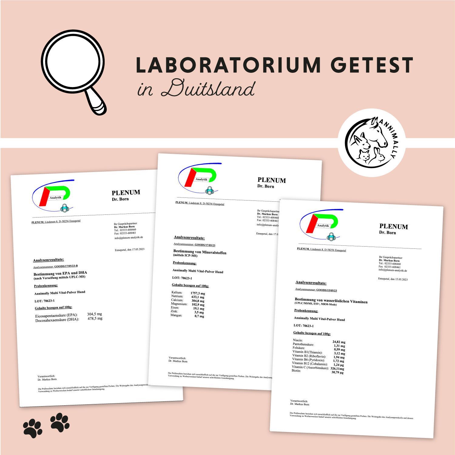 Laboratoriumgeteste documenten. Logo met hond, kat en paard. Vergrootglas. Tekst: Laboratorium getest in Duitsland.