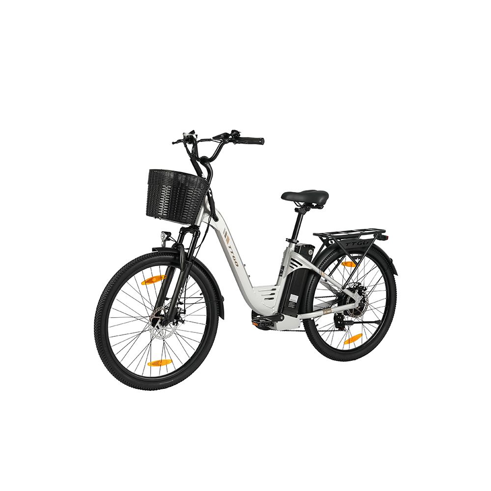 Vélo électrique gris avec panier noir, porte-bagages et garde-boue. Réflecteurs jaunes sur les roues.