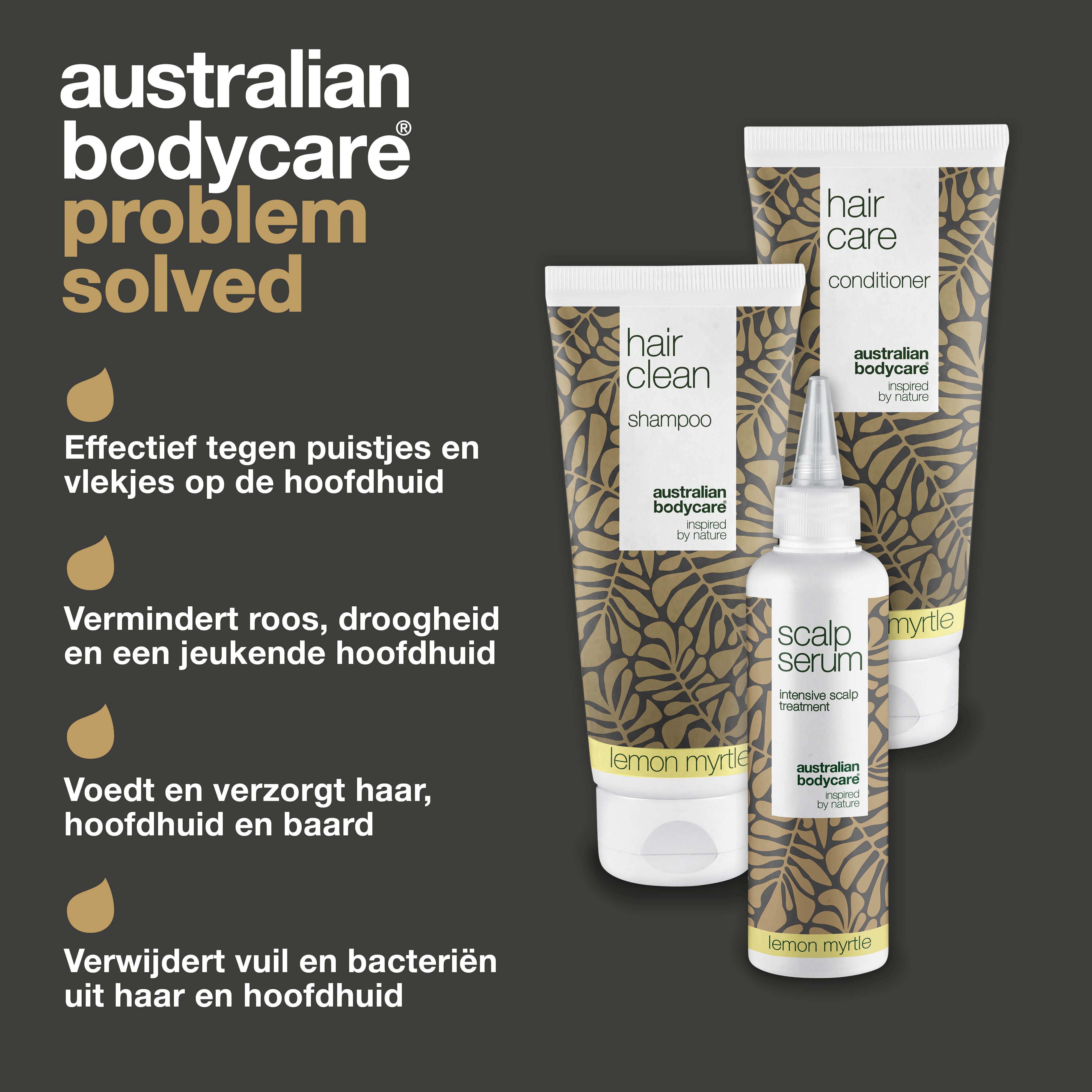 Probleem opgelost. Shampoo, conditioner en serum. Tekst: anti-roos, tegen puistjes, reinigt het haar. Logo: Australian Bodycare.
