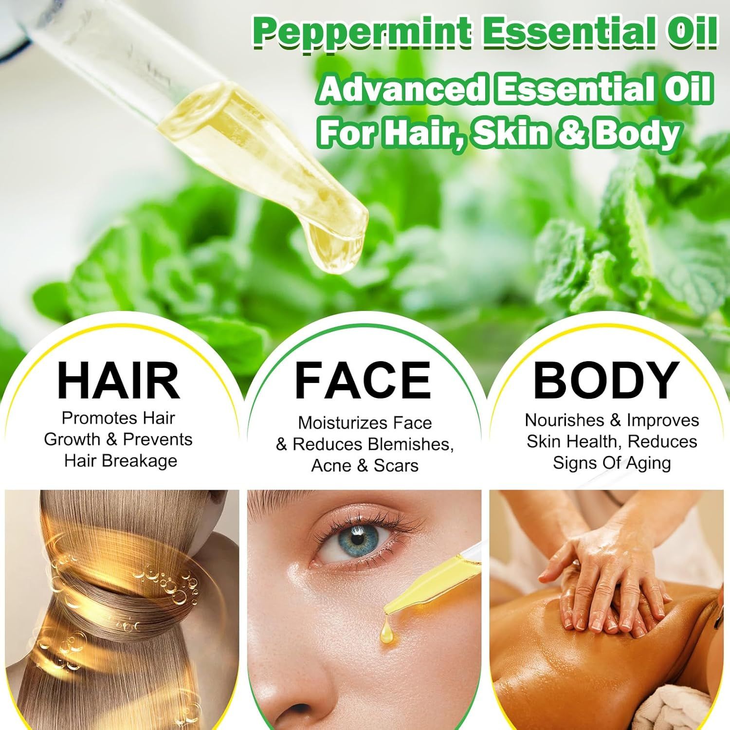 Pipet met gele olie boven muntbladeren. "Peppermint Essential Oil" bovenaan.