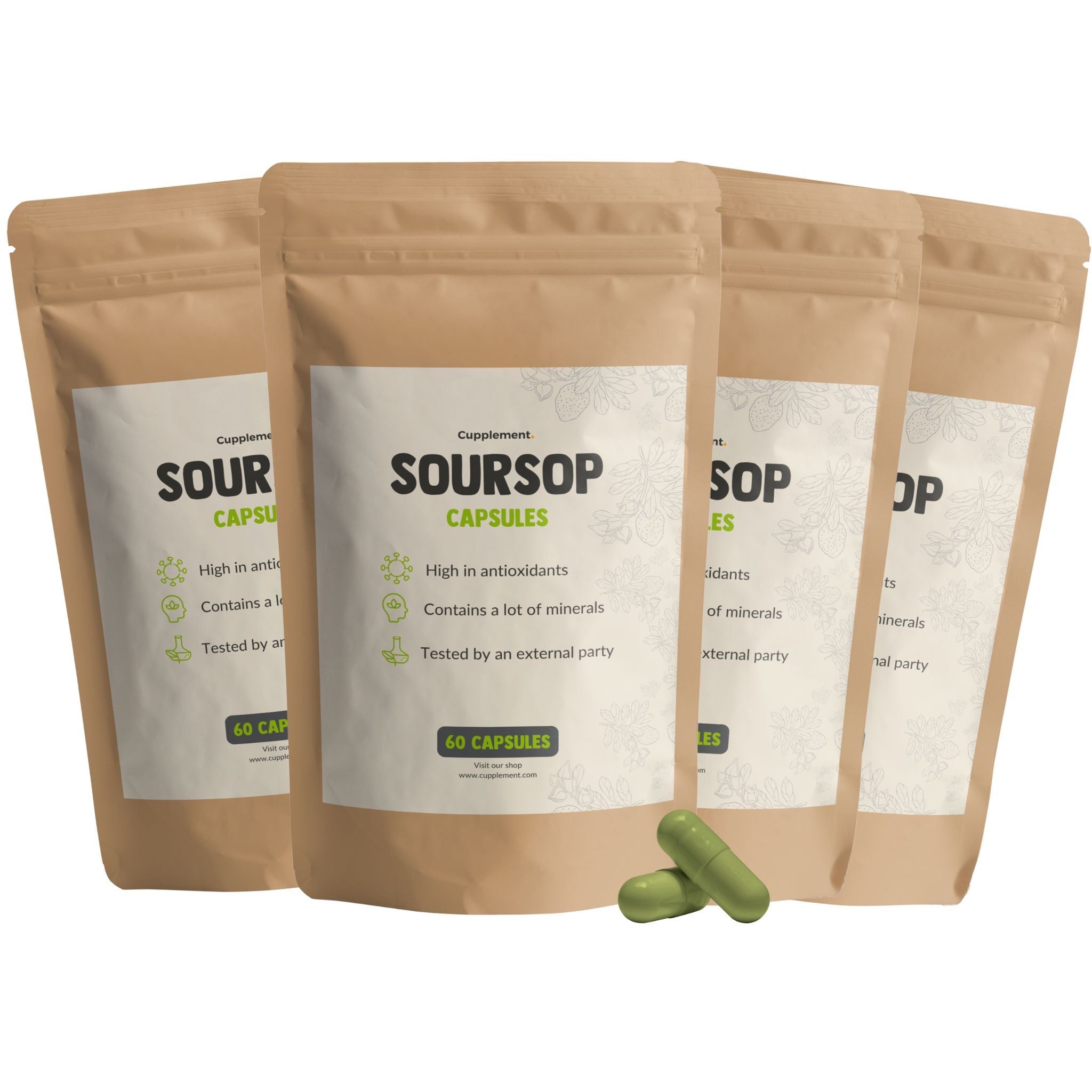 Meerdere zakjes met soursop capsules. Opschrift: Soursop Capsules, 60 capsules. Twee capsules ernaast.