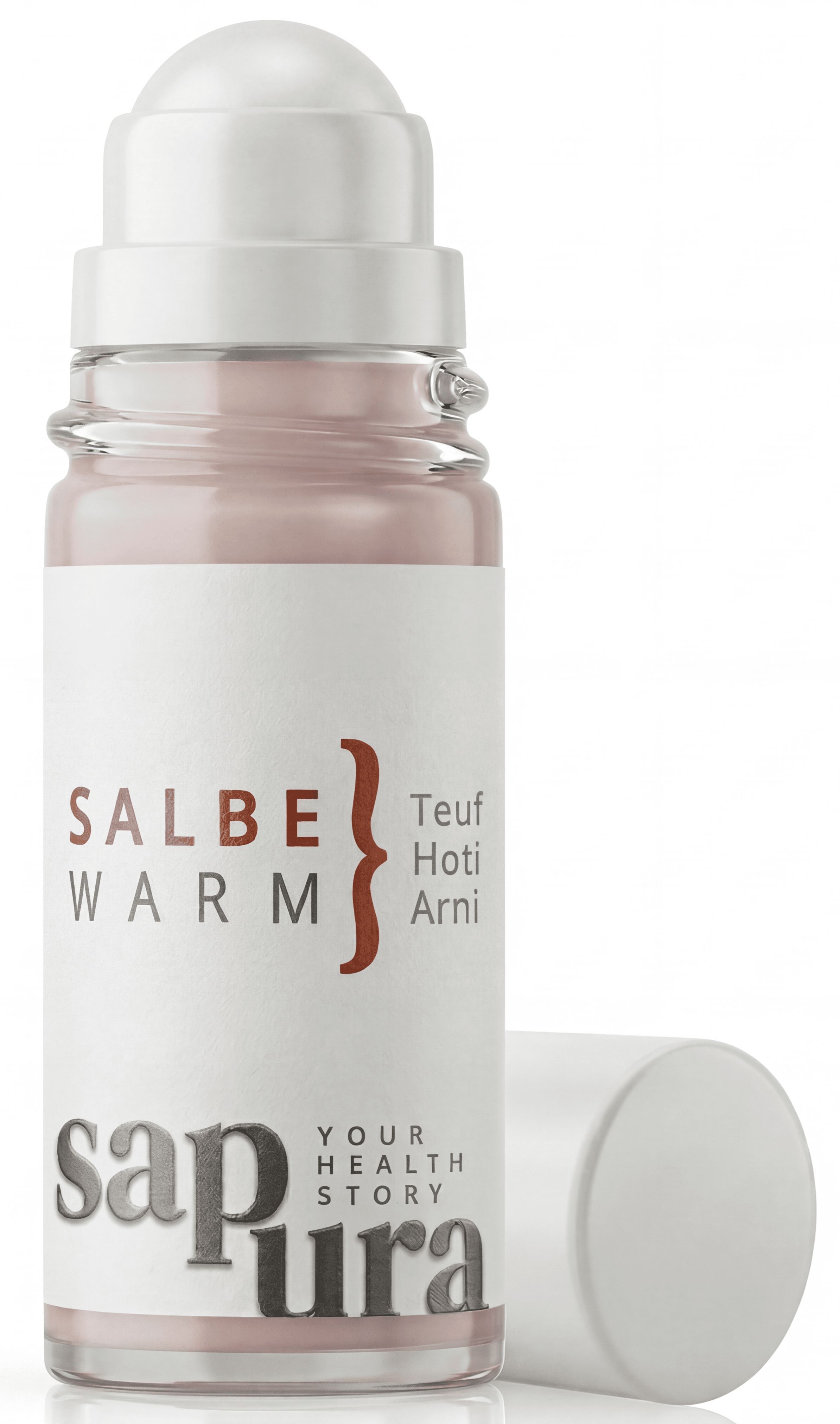 Roll-on fles met witte dop. Opschrift: WARM SALBE, sapura. Dop ernaast.