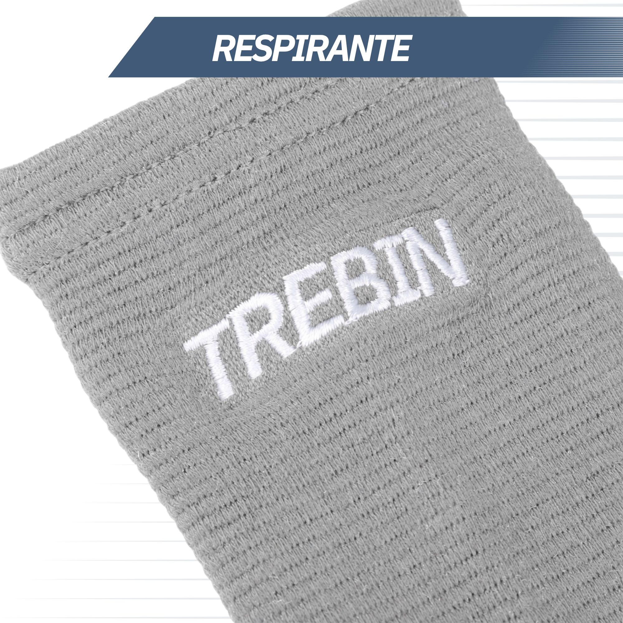 Genouillère de compression grise avec le nom de marque TREBIN.