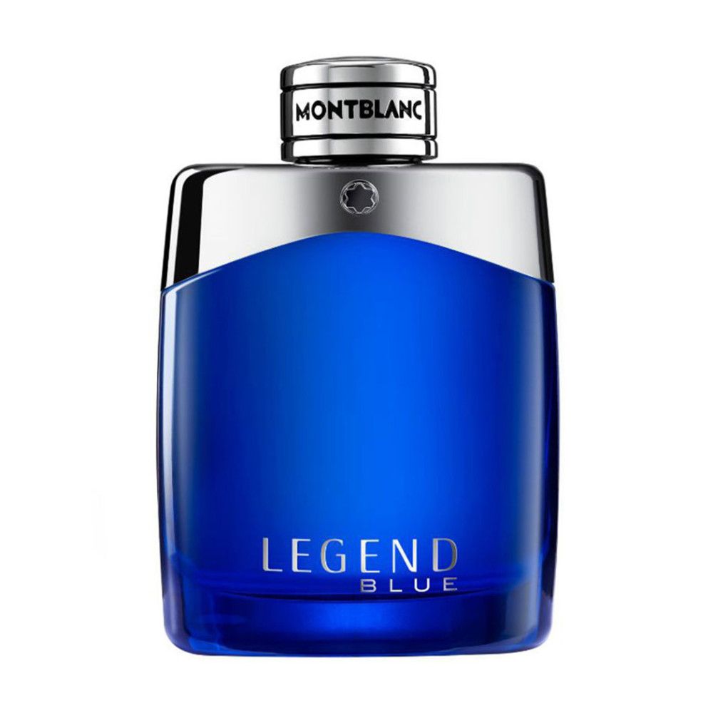 Flacon Montblanc Legend Blue EdP Nat. Spray. Bleu, bouchon argenté, logo de la marque, forme carrée.