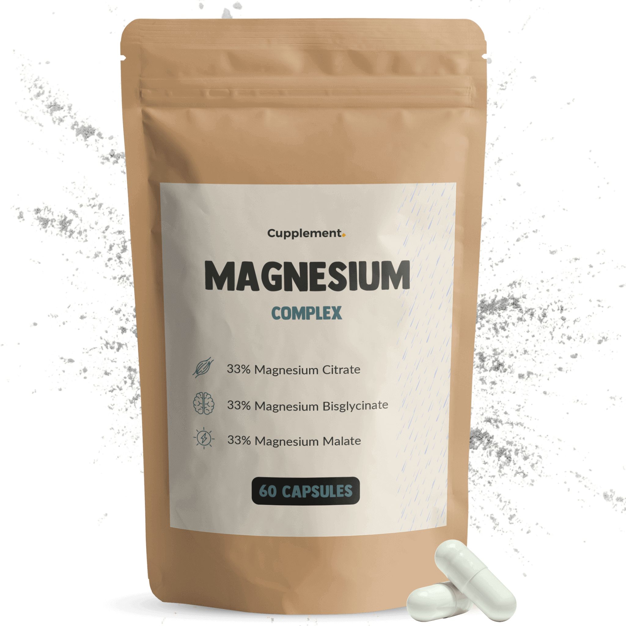 Zakje met capsules. Opschrift: Magnesium Complex. Bevat 60 capsules. 33% Citraat, Bisglycinaat, Malaat.