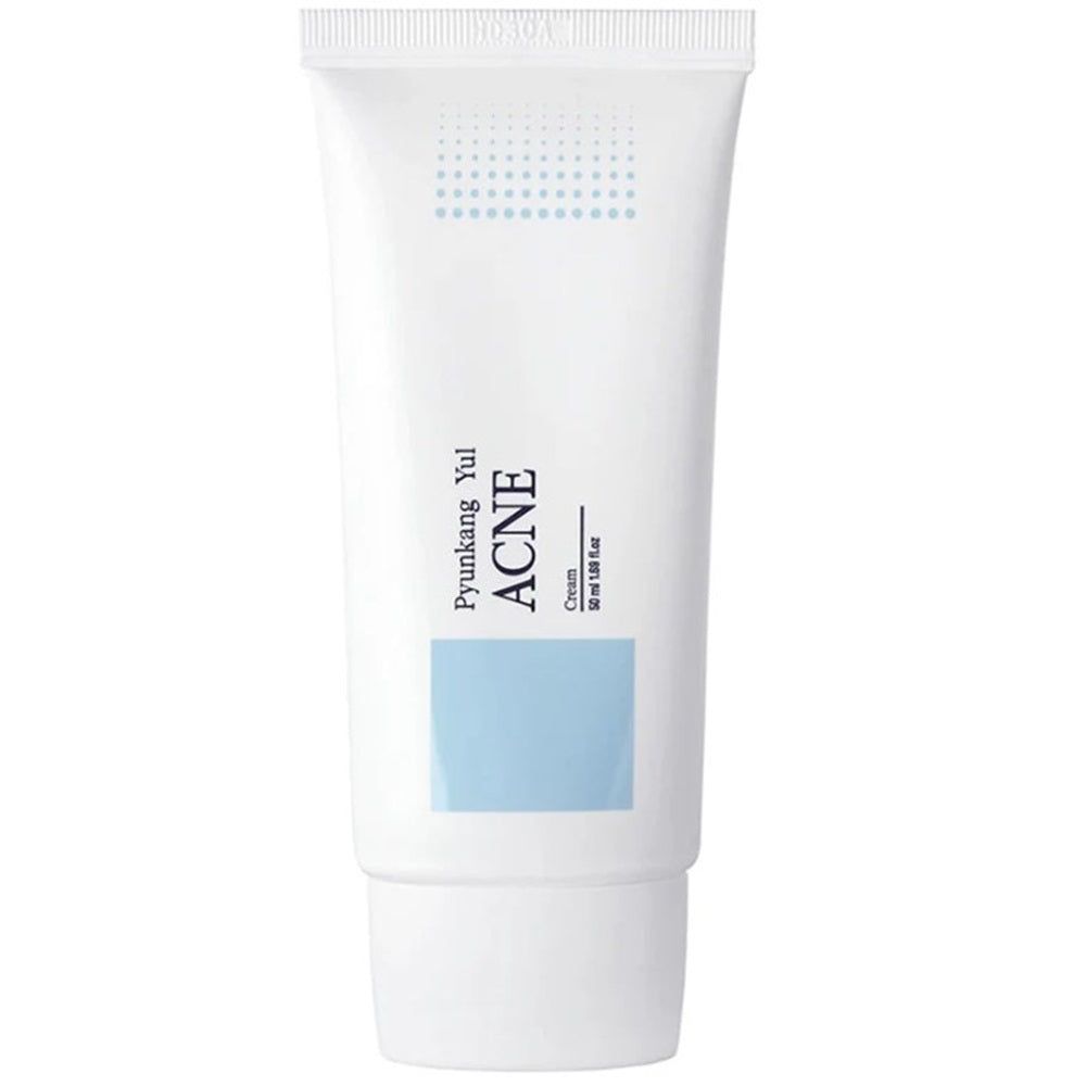 Tube blanche avec texte bleu. Inscription: ACNE, Pyunkang Yul. Nom du produit et indication de volume.