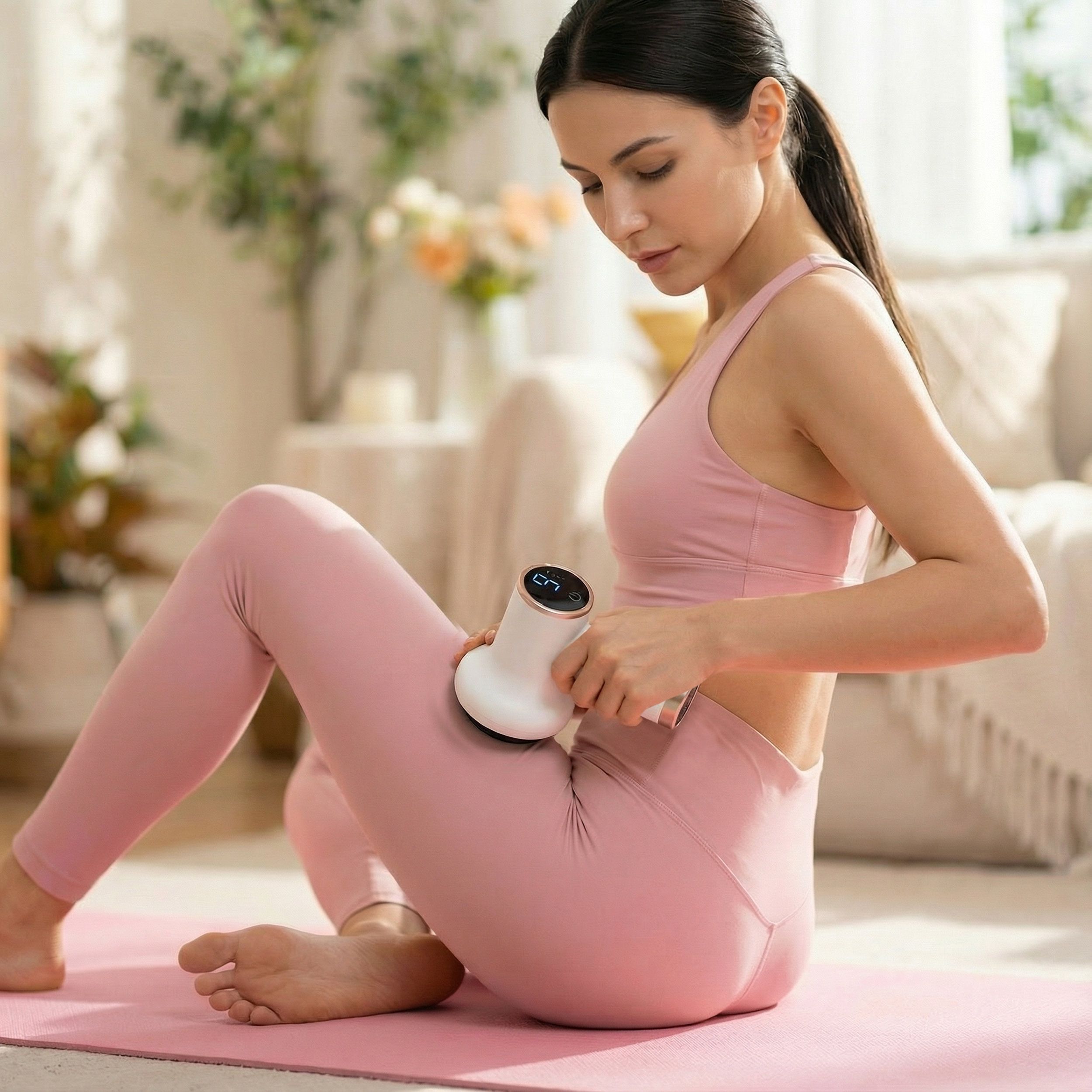 Femme assise massant sa cuisse avec un masseur blanc. Leggings roses. En intérieur.