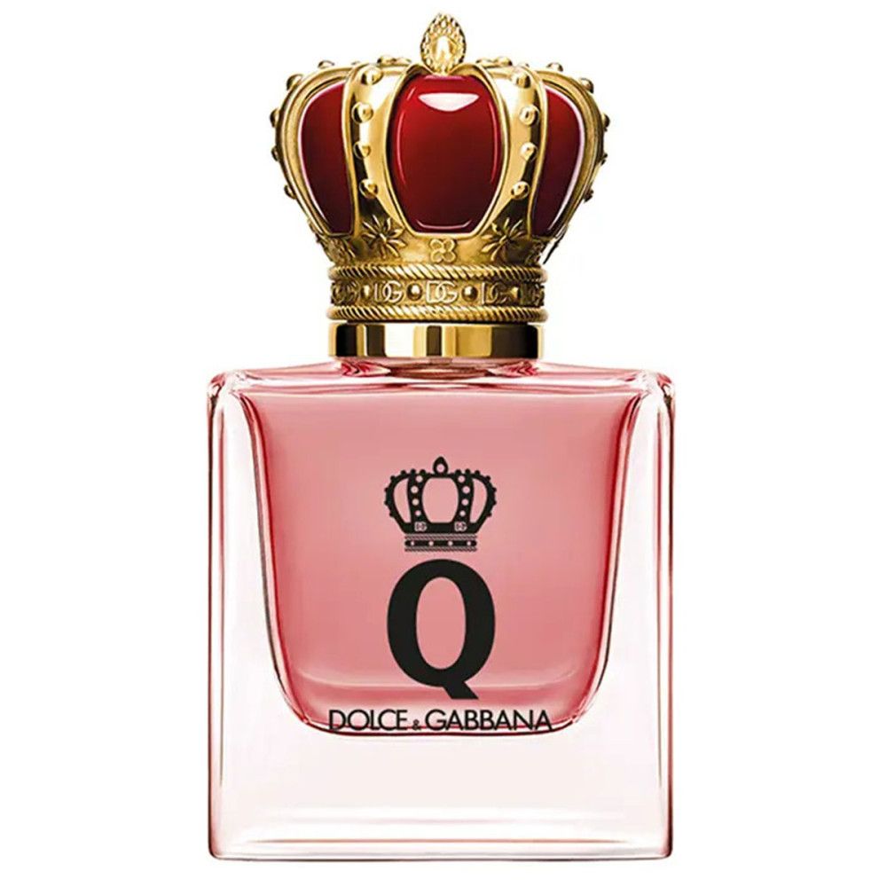 Roze glazen fles met gouden kroon. Zwarte "Q" en kroon logo. "DOLCE & GABBANA" tekst.