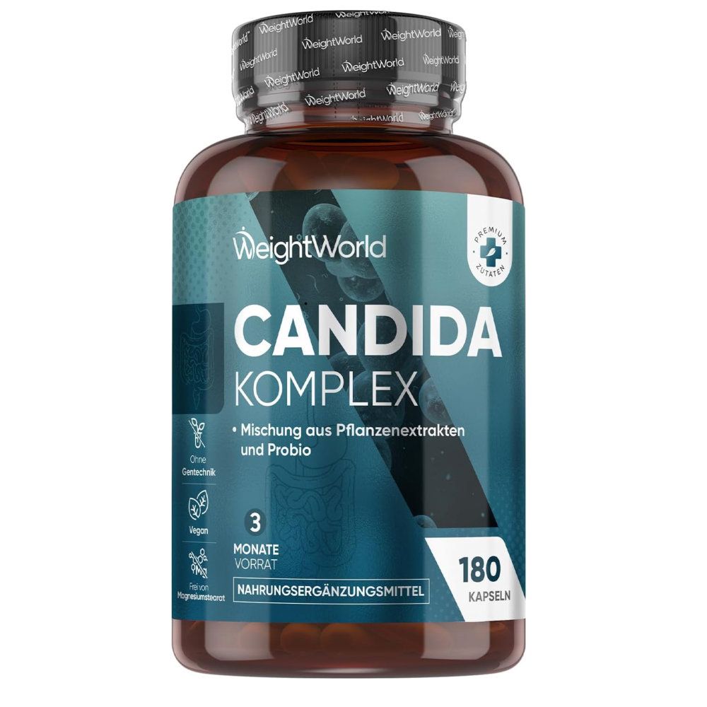 Flacon brun de gélules. Inscription: Candida Komplex. 180 gélules. 3 mois d'approvisionnement. Complément alimentaire.