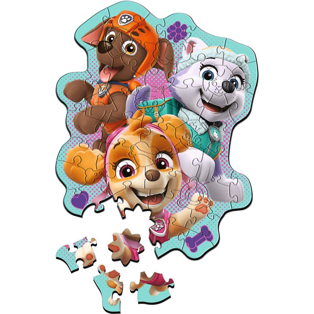 Puzzle Paw Patrol assemblé avec personnages. Quelques pièces détachées. Fond turquoise.