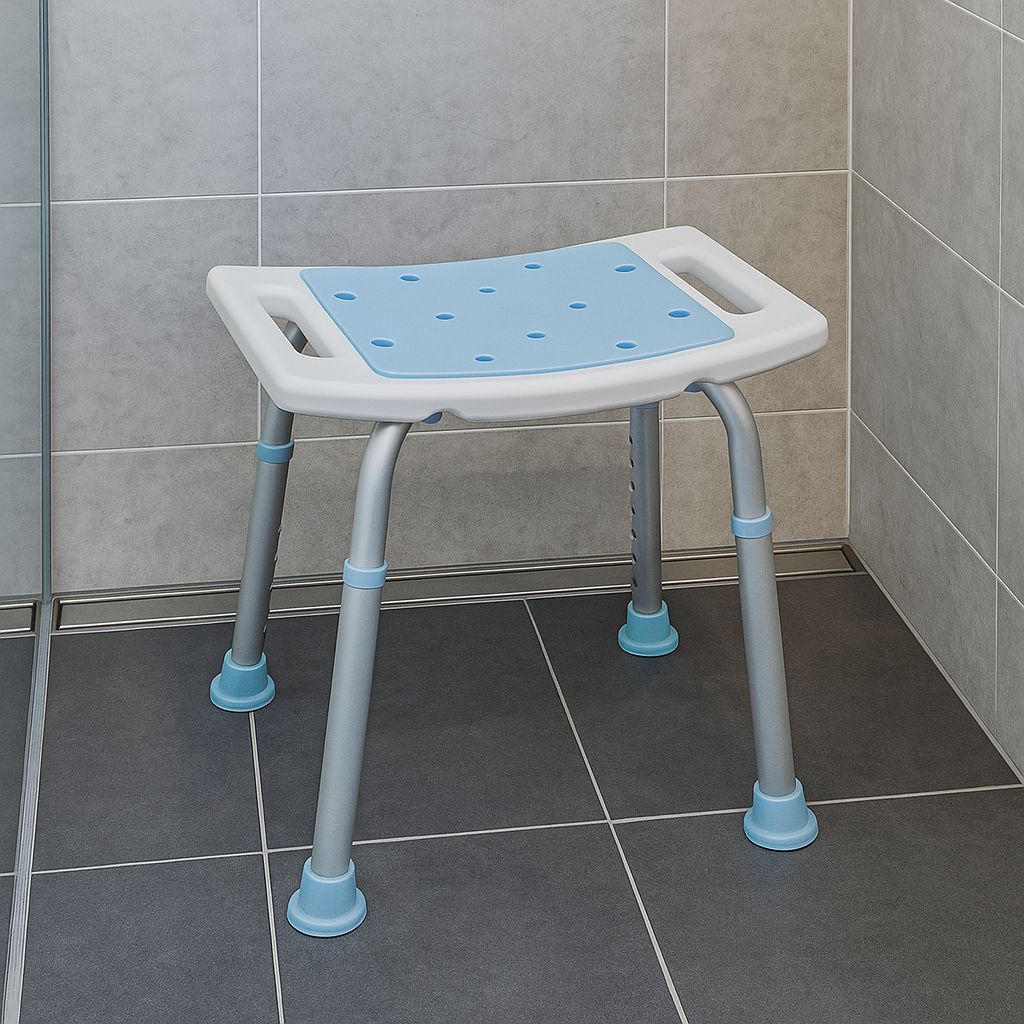 Tabouret de douche bleu et blanc, pieds réglables. Dans un environnement de salle de bain.