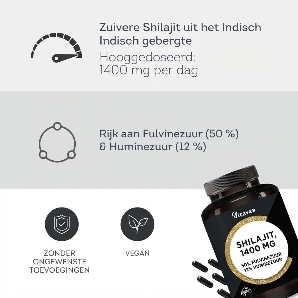 Vitavea Shilajit capsules: Ingrediënten, actieve bestanddelen, gebruik. Extract, fulvinezuur, 3 capsules/dag met water.