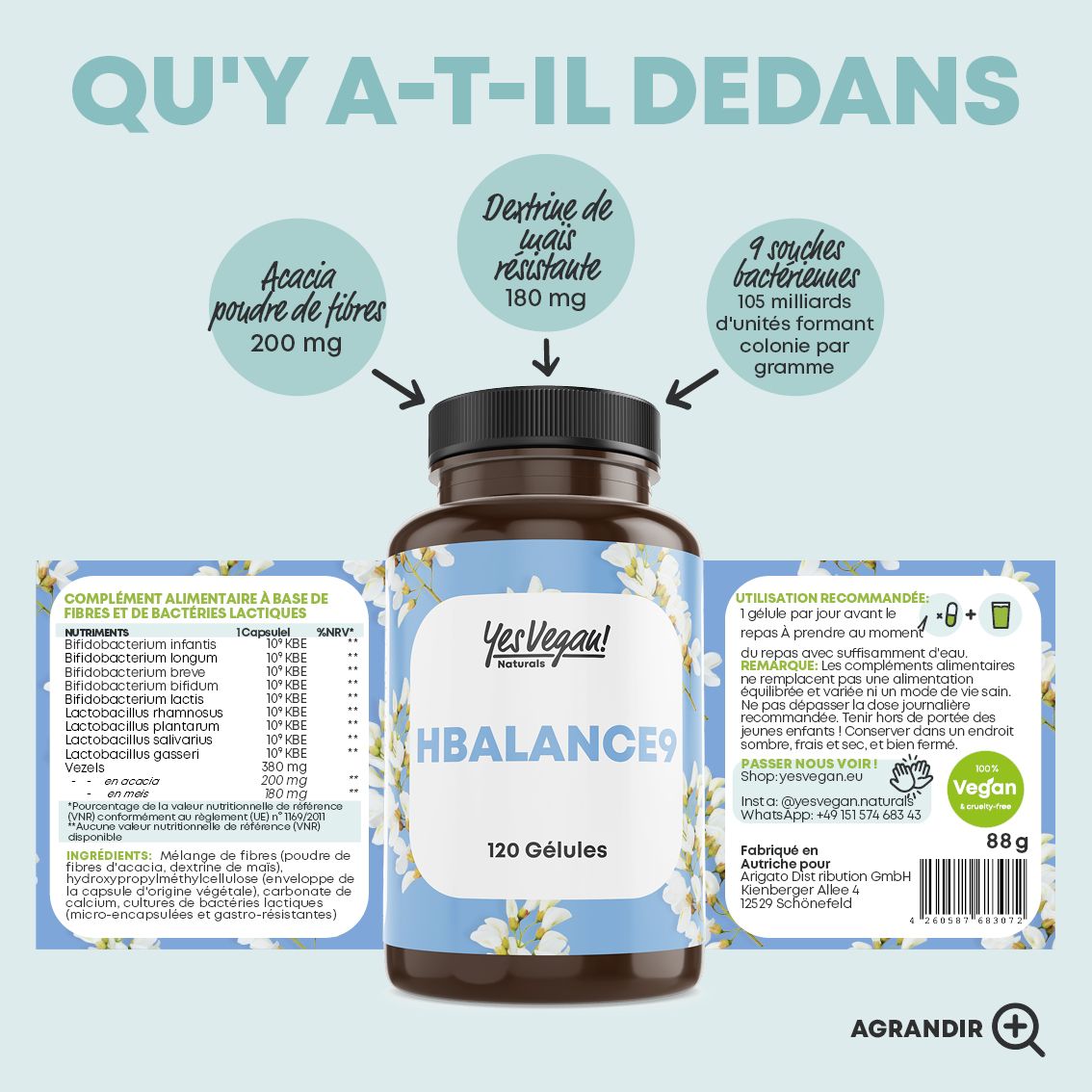 Bouteille HBALANCE9, infographie montrant les ingrédients comme la fibre d'acacia et la dextrine résistante.