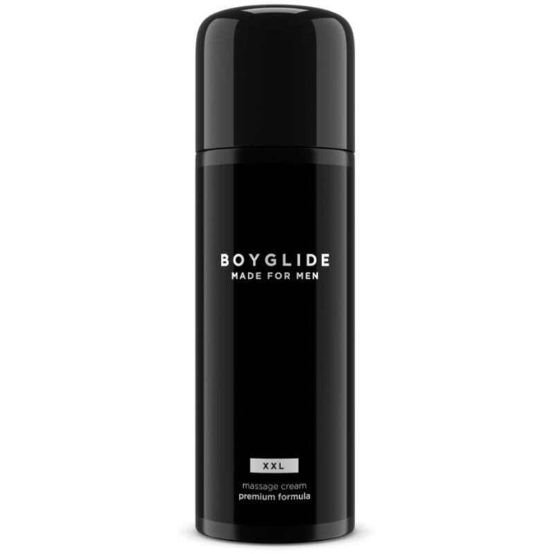 Flacon noir avec inscription BOYGLIDE, "XXL" et "massage cream premium formula".