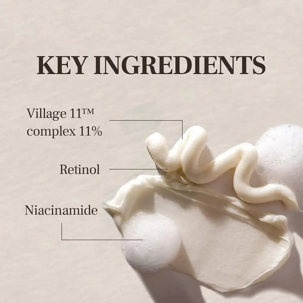 Tekst met belangrijkste ingrediënten: Village 11™ complex 11%, Retinol, Niacinamide. Crème.