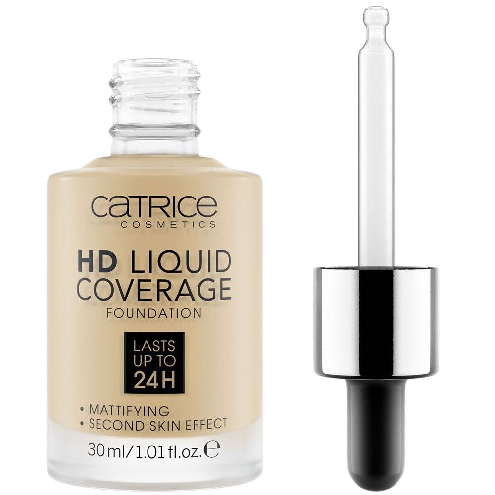 Fond de teint liquide HD. Flacon en verre avec pipette. Inscription: Catrice, HD Liquid Coverage Foundation, matifiant, 30ml.