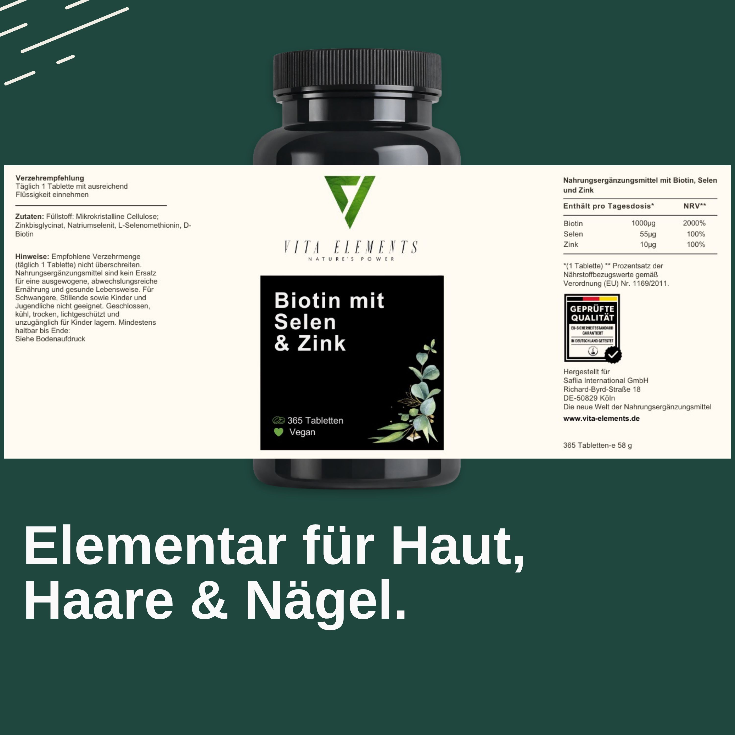 Flacon de produit avec étiquette. Contient des informations sur les ingrédients et les valeurs nutritionnelles. Qualité testée.