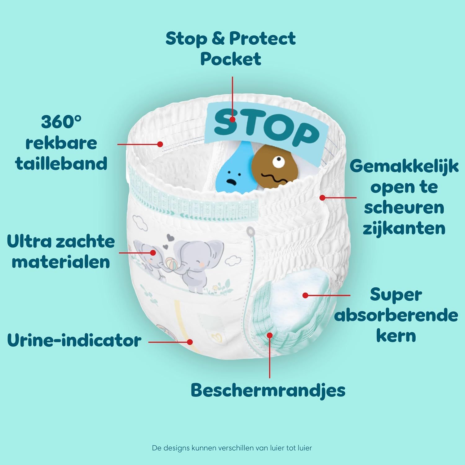 Luier met 360° rekbare tailleband, ultra zachte materialen, urine-indicator, beschermrandjes en super absorberende kern.
