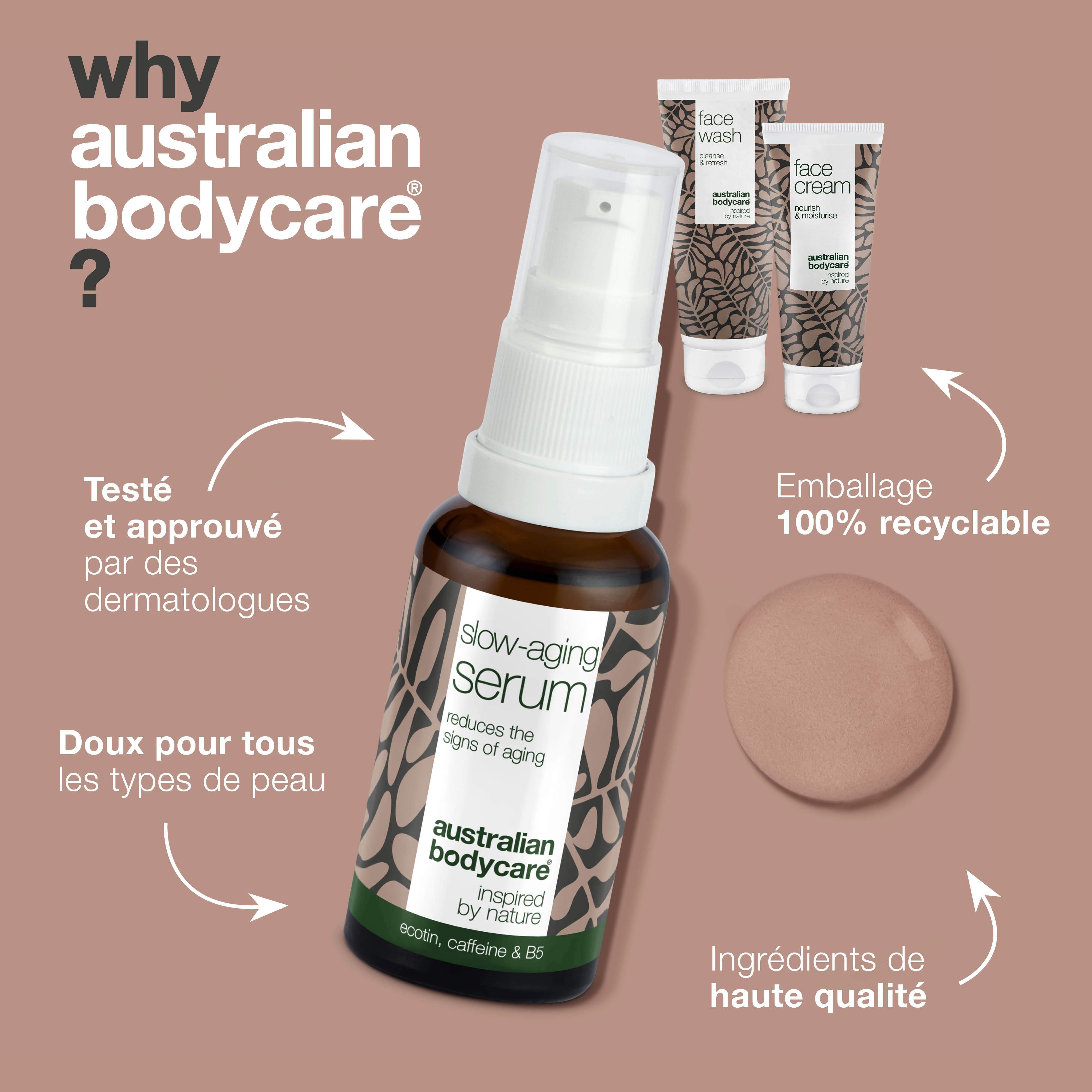 Sérum en flacon brun avec pompe. Emballage 100% recyclable. Marque : Australian Bodycare.