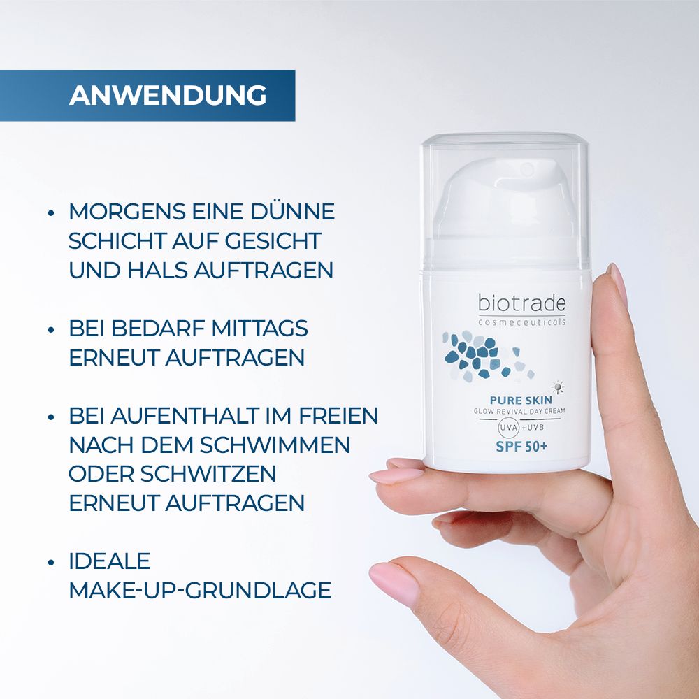 Biotrade Pure Skin Glow Revival Crème Visage SPF50+. Application : appliquer le matin, répéter si besoin, après la baignade.