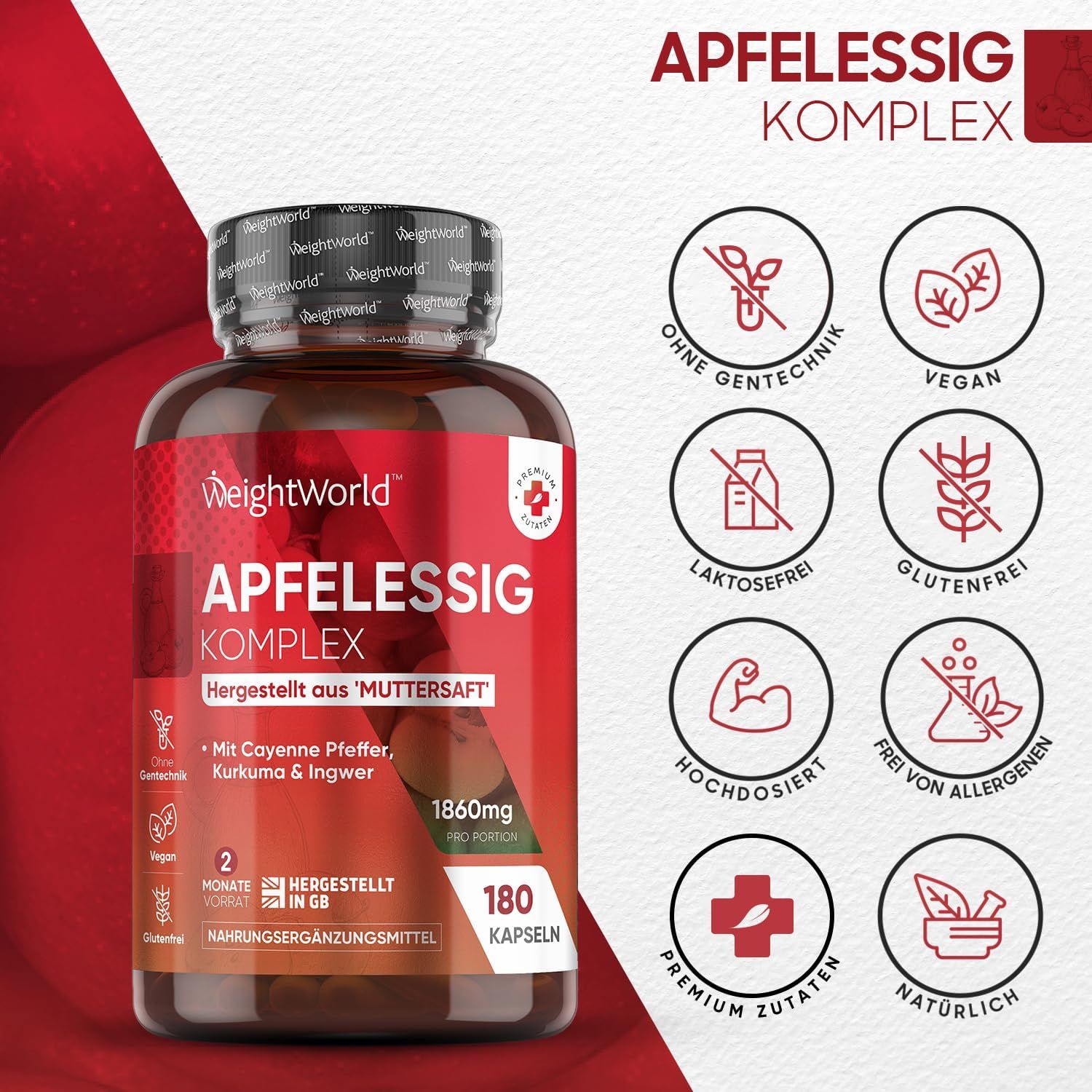 Productfles Apfelessig Komplex. Symbolen: veganistisch, non-GMO, glutenvrij, hoog gedoseerd, natuurlijk.