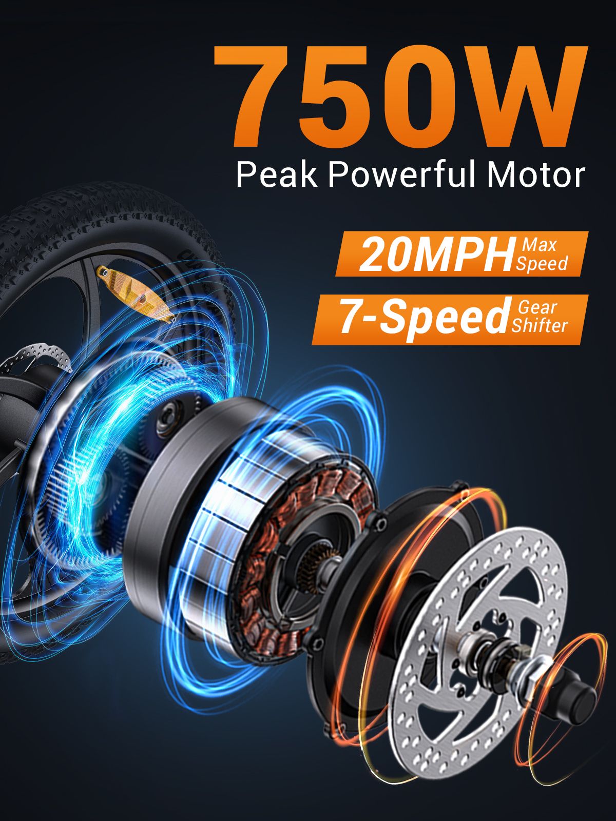 Exploded view van de elektromotor. 750W motor, 20MPH topsnelheid, 7-versnellingsversnelling.