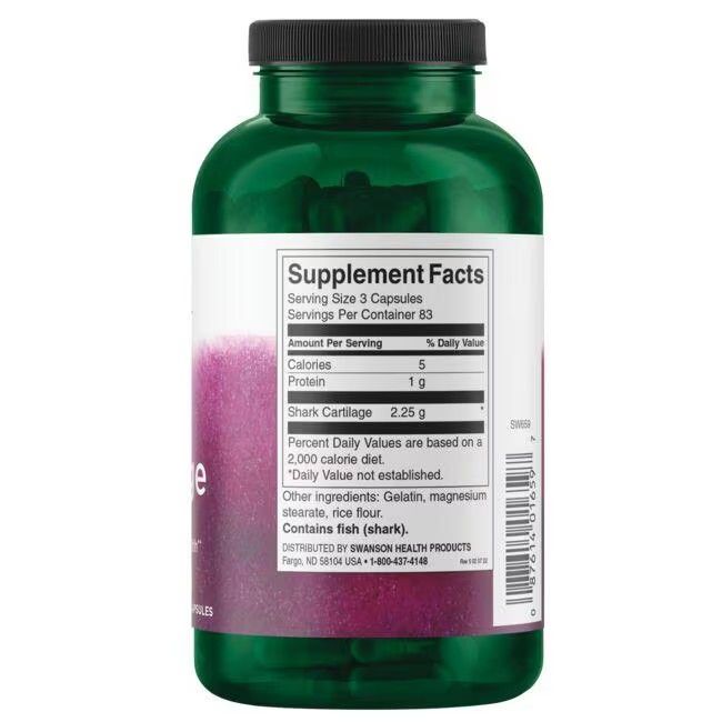 Dos du flacon vert. Étiquette avec informations nutritionnelles : "Shark Cartilage 2.25 g". Contient du poisson (requin).